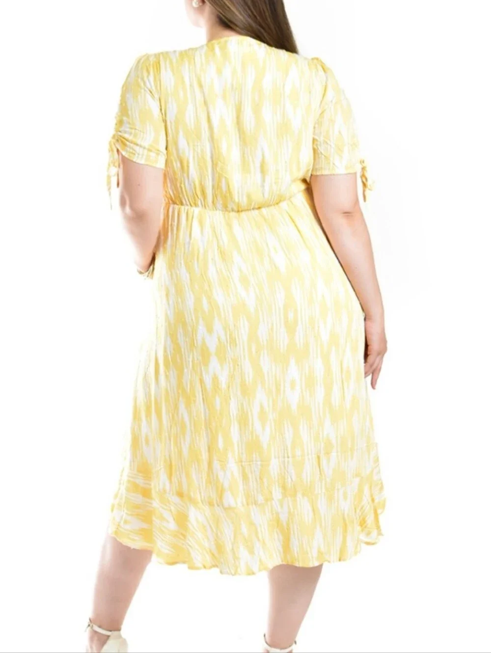NWT Torrid Dress Midi Vneck Fit & Flare Yellow Ikat Medium Faux Wrap - Picture 3 of 10